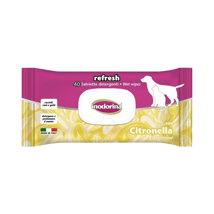 Lingettes Inodorina Refresh à la citronnelle pour chien et chat
