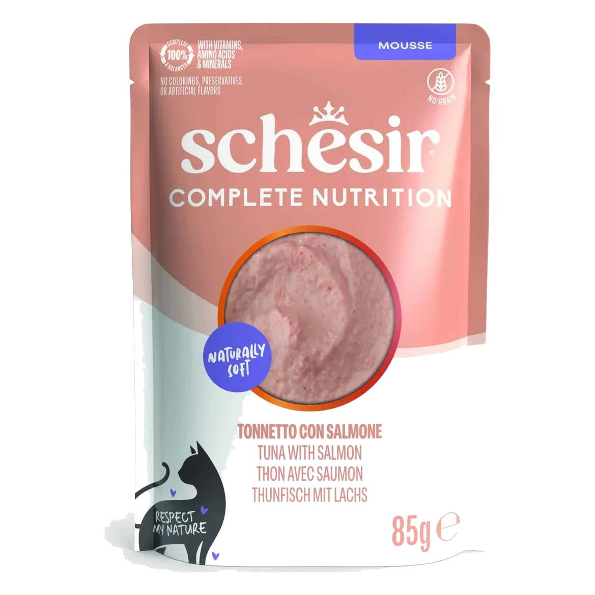 Pâtée chat Schesir mousse thon avec saumon, sachet 85 g