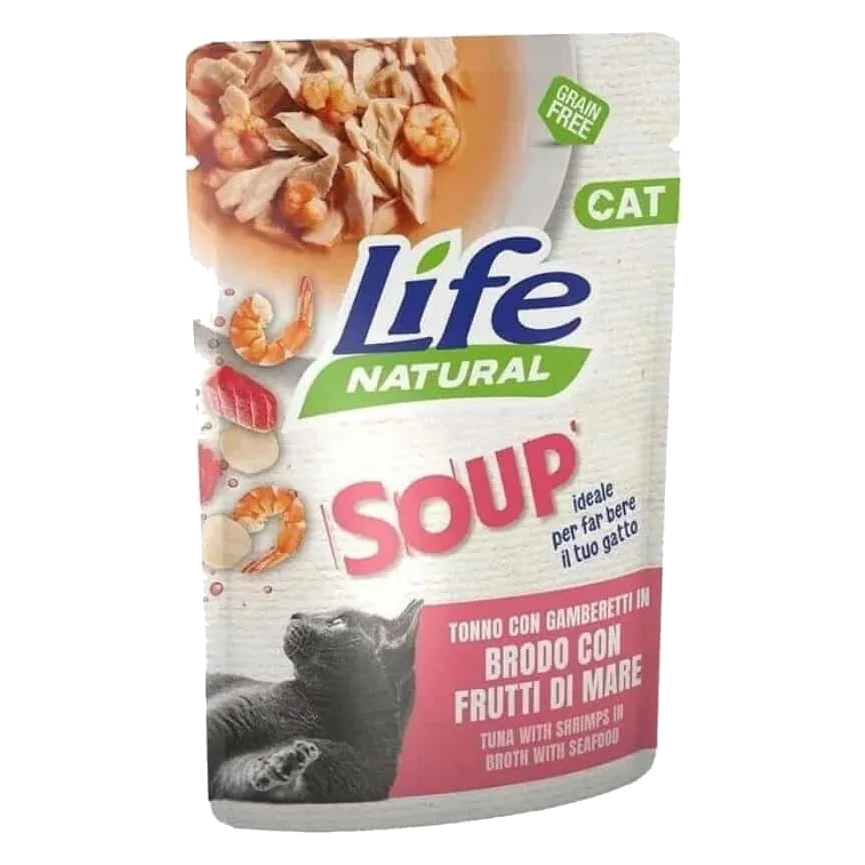 Soupe Life Cat thon avec crevettes et fruits de mer pour chat, 60 g