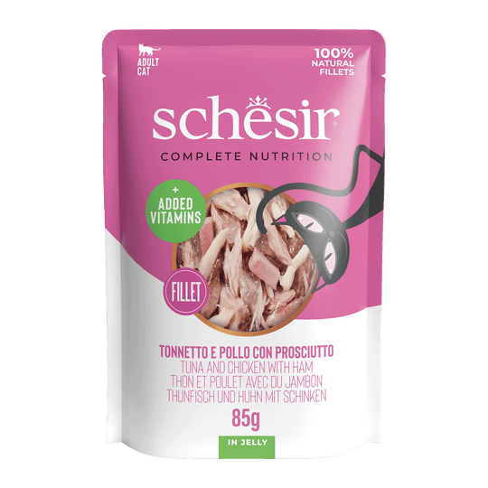 Pâtée chat Schesir thon avec poulet et jambon, sachet 85 g