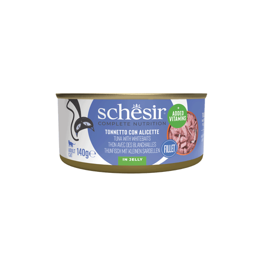 Pâtée chat Schesir thon et petite friture en gelée, boîte 140 g