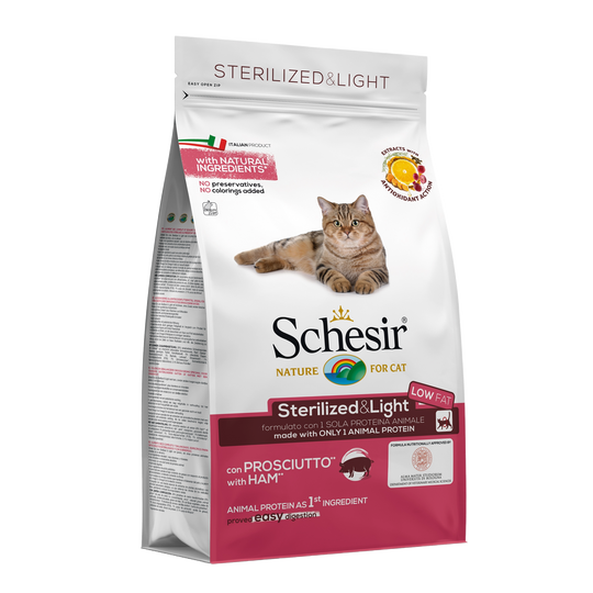 Croquettes chat Schesir Stérilisé & Light jambon, 1,5 kg