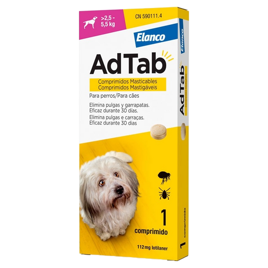 Comprimé antipuce chien AdTab 112 mg, plus de 2,5 à 5,5 kg