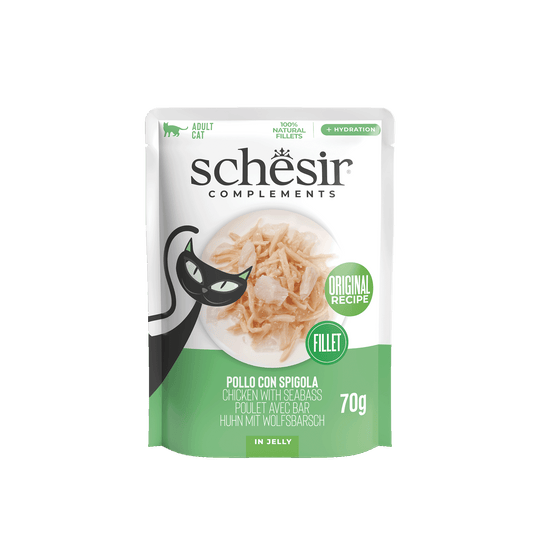 Pâtée chat Schesir filets de poulet avec bar, sachet 70 g