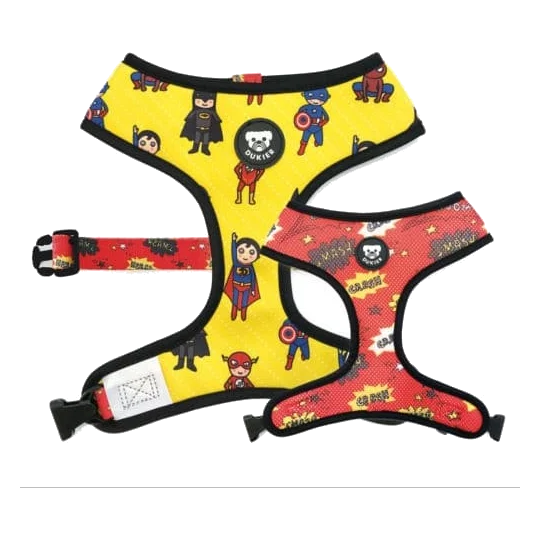 Harnais chien réversible Dukier Superheroes, rouge et jaune, tailles T1 à T4
