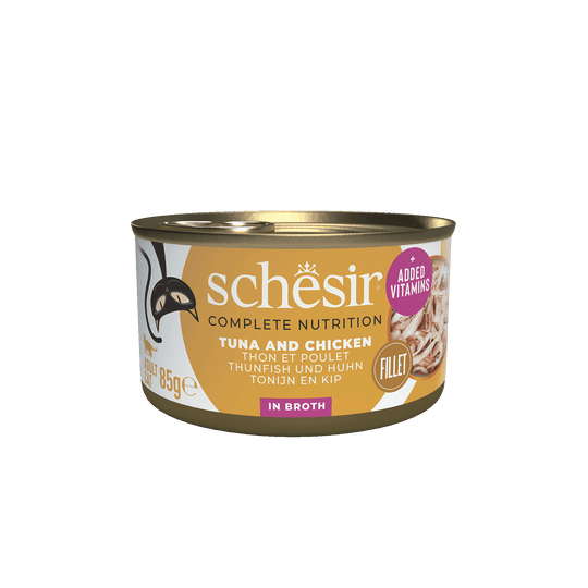 Pâtée chat Schesir thon et filets de poulet en bouillon, boîte 85 g