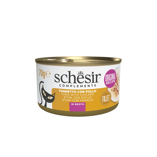 Pâtée chat Schesir thon et filets de poulet en bouillon, boîte 70 g