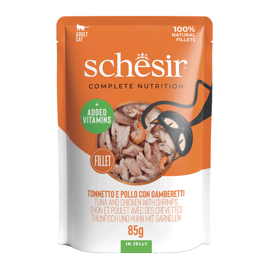 Pâtée chat Schesir thon avec poulet et crevettes, sachet 85 g