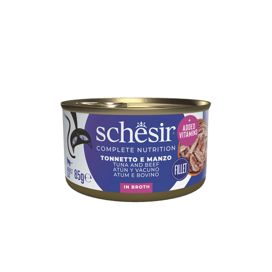 Pâtée chat Schesir thon et filets de bœuf avec riz au naturel, boîte 85 g