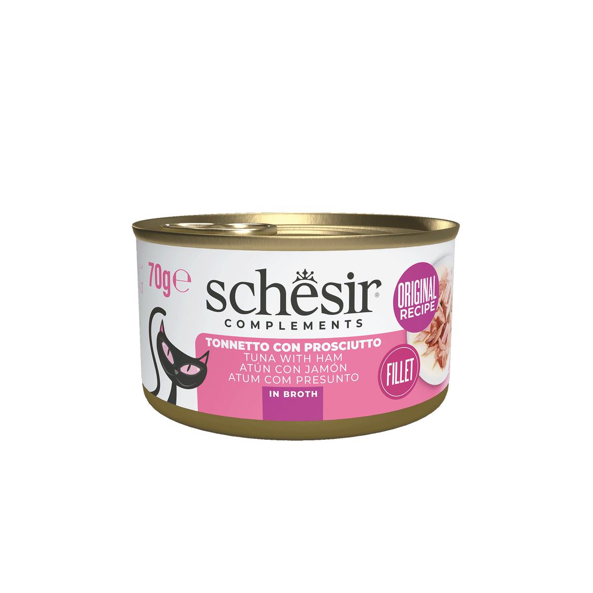 Pâtée chat Schesir thon avec jambon en bouillon, boîte 70 g