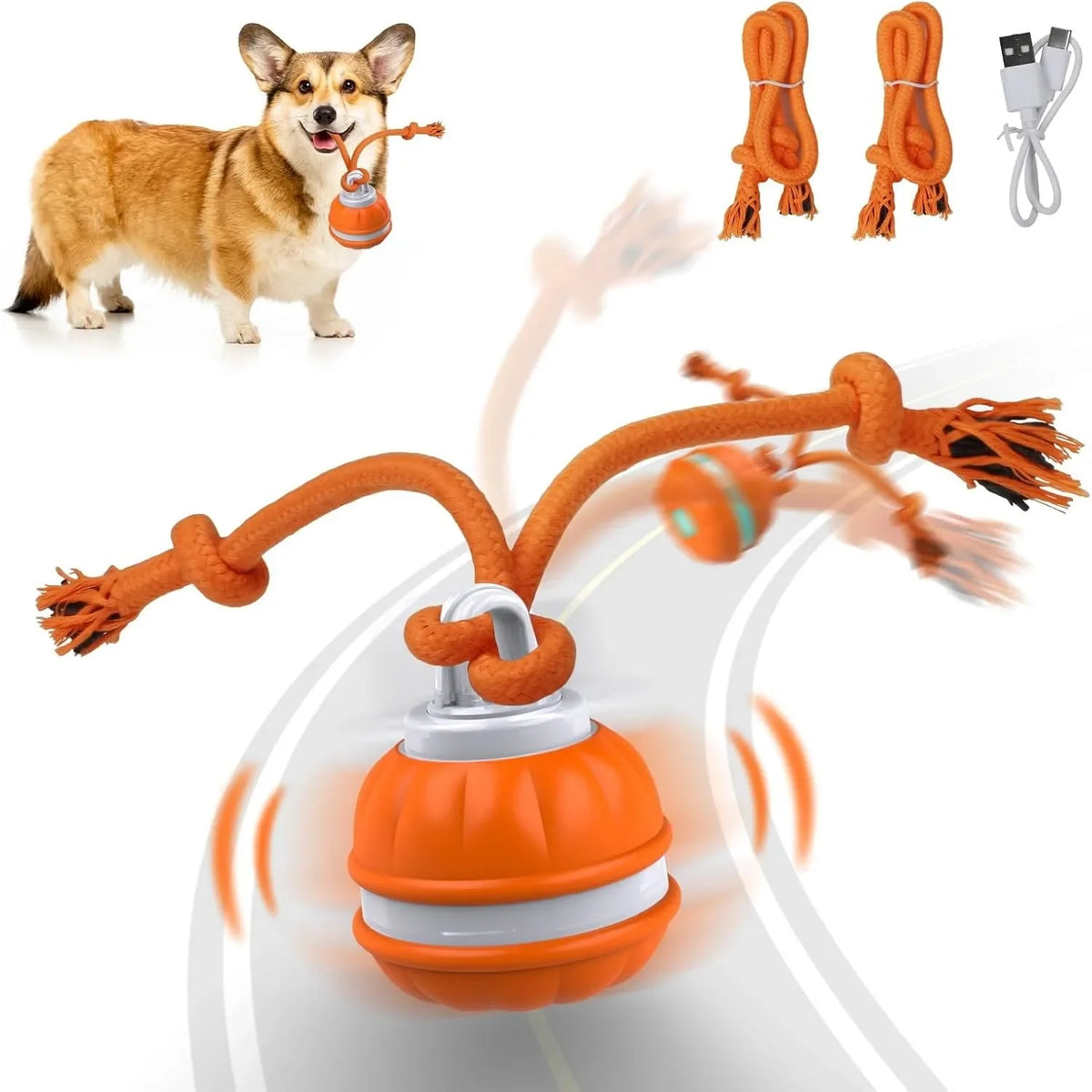 Bola rodante con cuerdas para morder, para perros, recargable, vista de detalle 1