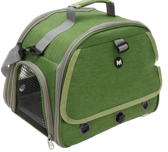 Bolsa de viaje verde para pájaros con bandeja, percha y ventana transparente