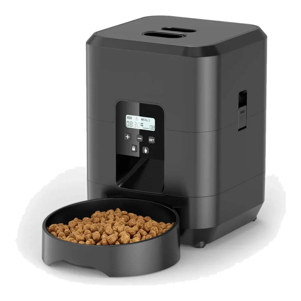 Distributeur croquettes chat noir avec boutons et écran
