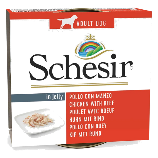 Pâtée chien adulte Schesir poulet et bœuf en gelée, 150 g