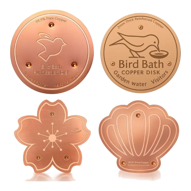 Disques en cuivre pour bain d'oiseaux en quatre formes : ronds, fleur et coquillage