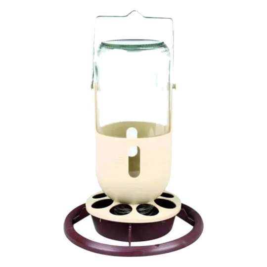 Distributeur automatique eau et graines Fauna bordeaux et beige avec perchoir