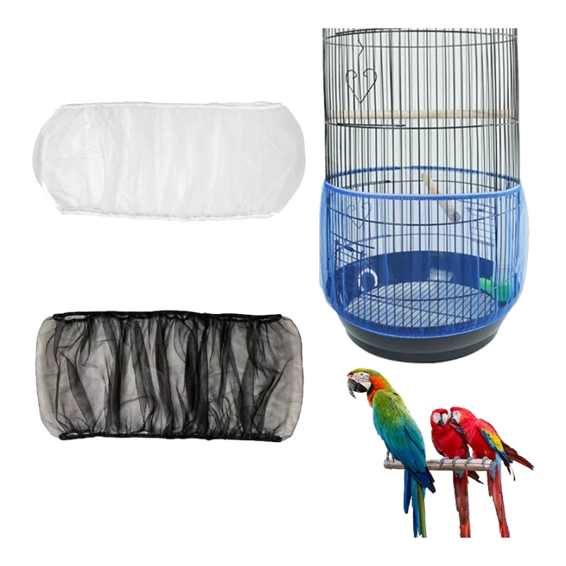 Jupe de cage en filet pour perroquets en blanc et noir installée sur la cage