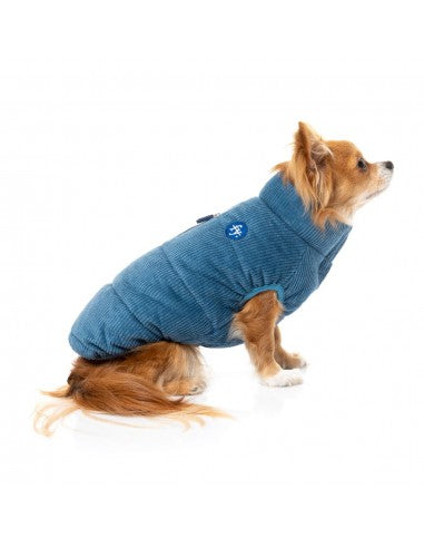 Manteau matelassé pour chien FuzzYard Mosman bleu délavé, col en velours