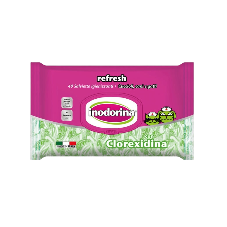 Lingettes Inodorina Refresh à la chlorhexidine pour chiens et chats
