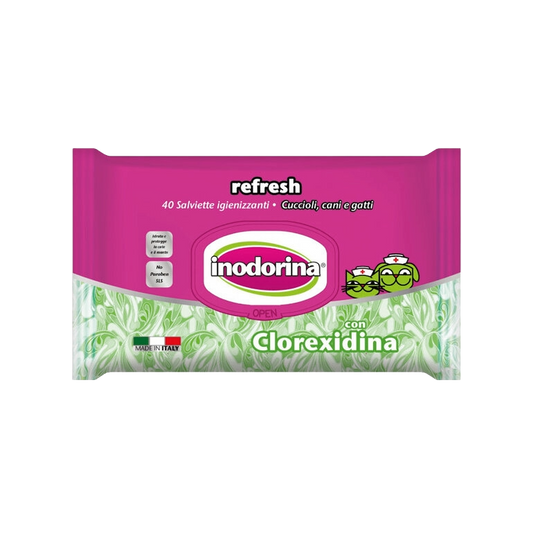 Lingettes Inodorina Refresh à la chlorhexidine pour chiens et chats