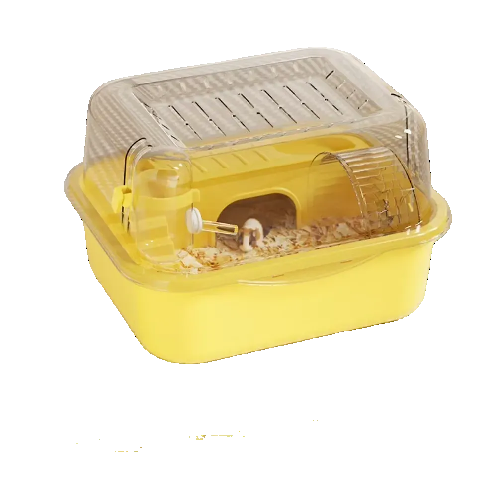 Jaula compacta con tapa transparente y accesorios para hámster, 35 cm, amarillo