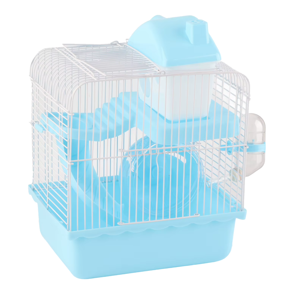 Cage hamster bleue à 2 niveaux avec roue, échelle et biberon, vue latérale