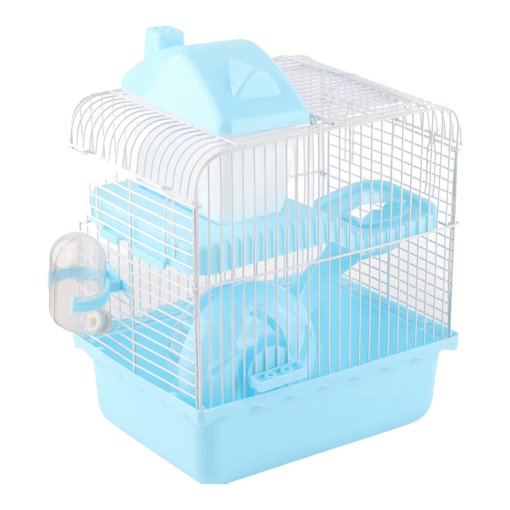 Cage hamster bleue à 2 niveaux avec bac haut amovible