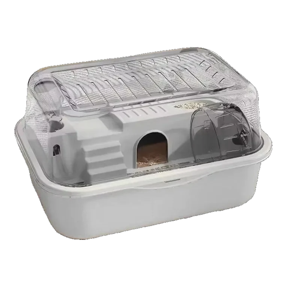 Cage hamster anti-morsure grise avec couvercle rabattable transparent
