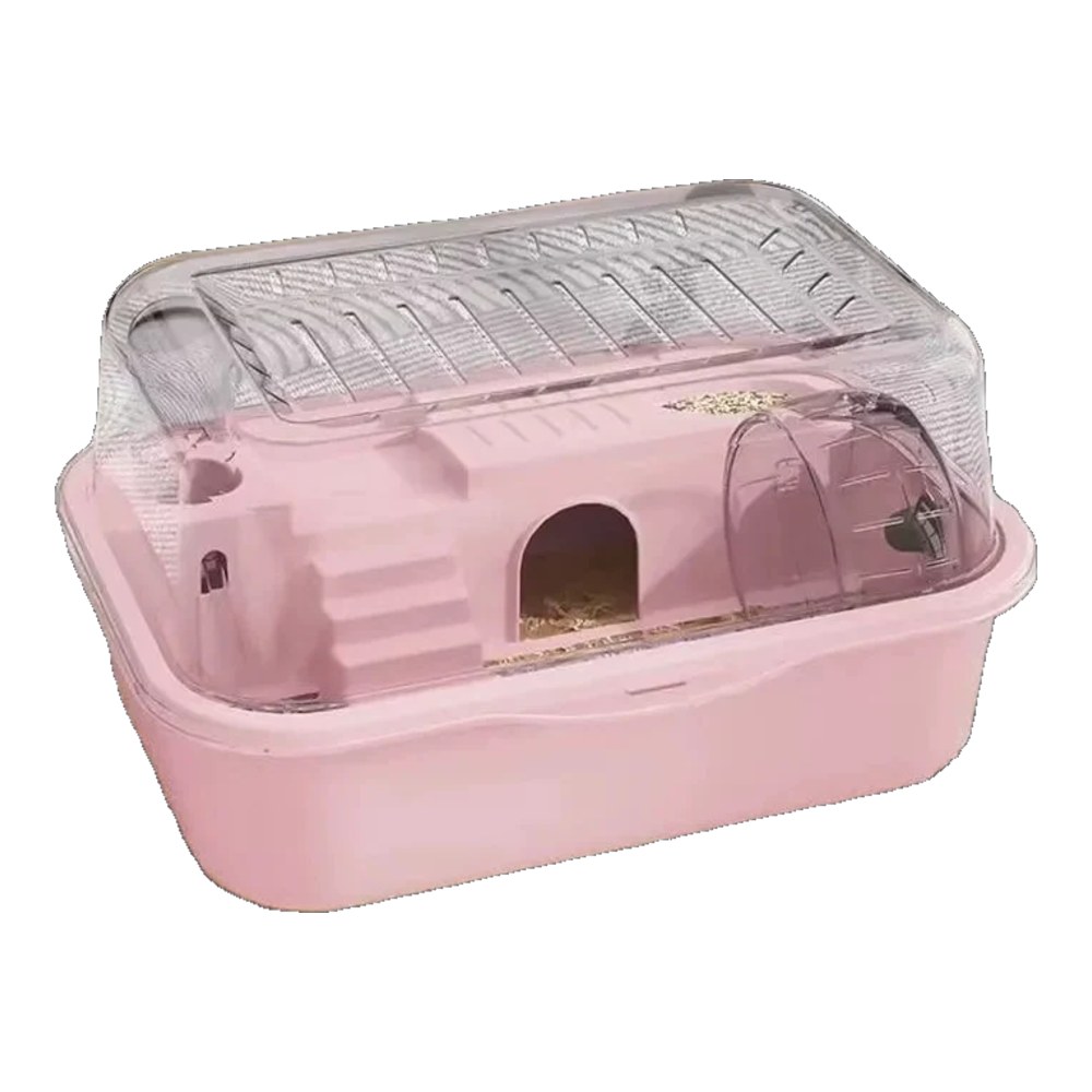 Cage hamster anti-morsure rose avec couvercle rabattable transparent