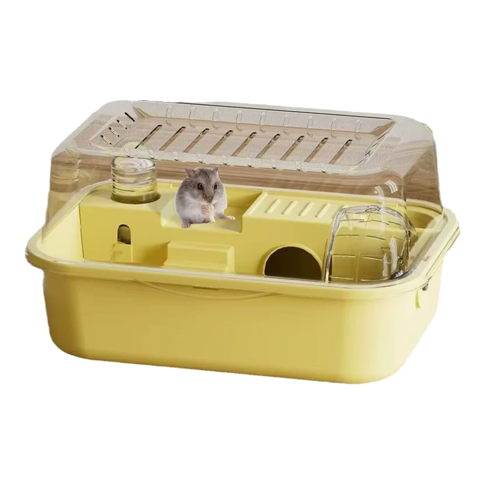 Cage hamster anti-morsure jaune avec hamster, biberon et maisonnette intégrée
