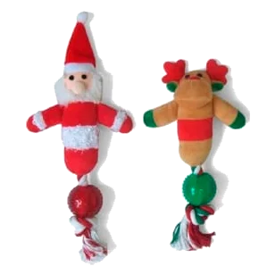 Jouet de Noël chien Père Noël et renne en peluche avec corde