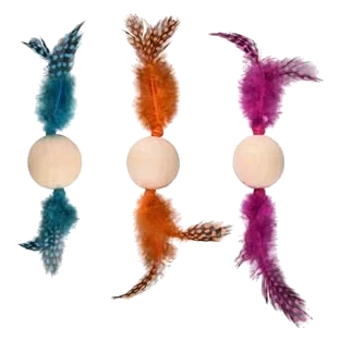 Balle en bois avec plumes pour chat