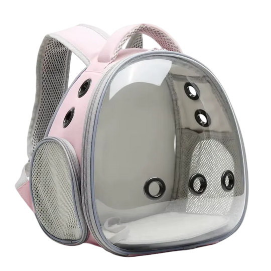 Mochila burbuja rosa para pájaros con ventana panorámica