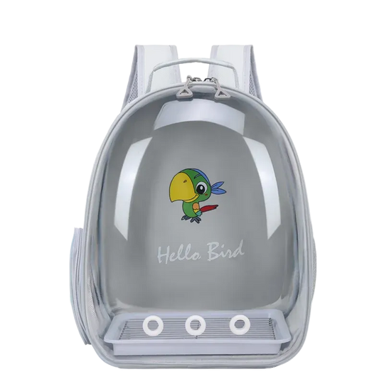 Mochila con cúpula transparente gris para loros y periquitos