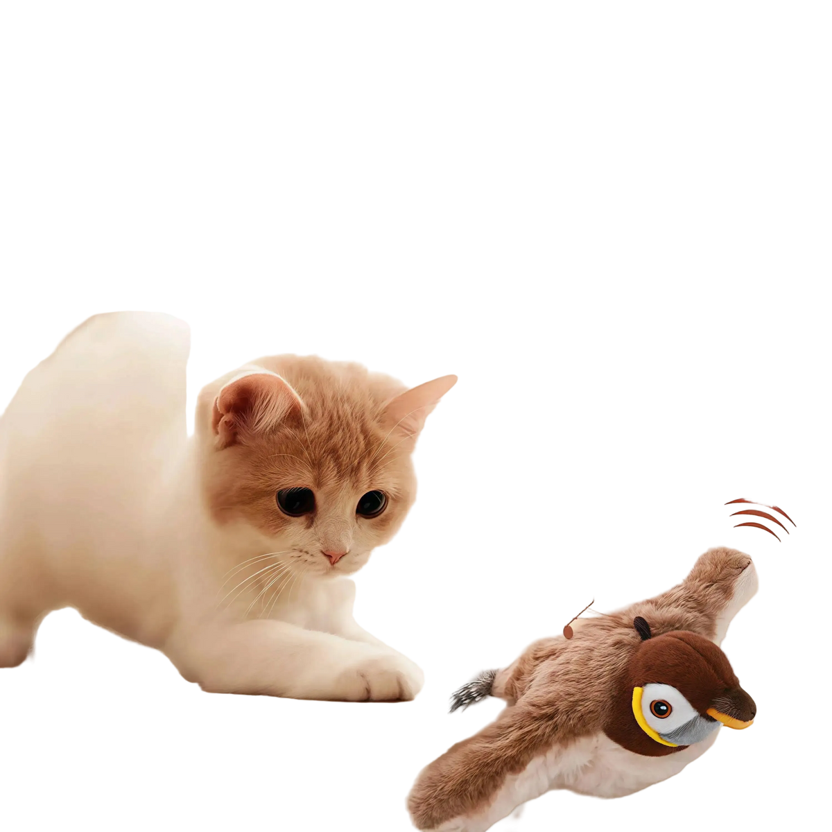 Gatito cazando el pájaro de peluche recargable por USB