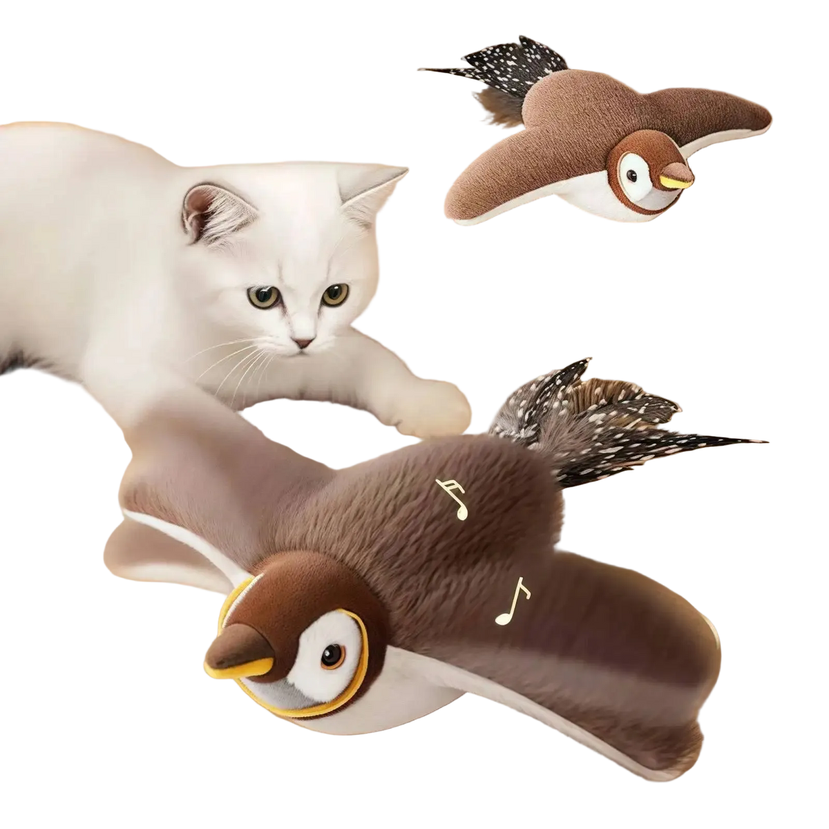 Gato jugando con el pájaro interactivo que aletea al tocarlo