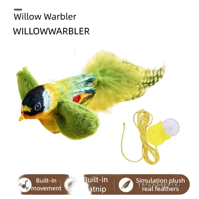 Pájaro de peluche que aletea y pía para gatos, juguete interactivo, verde