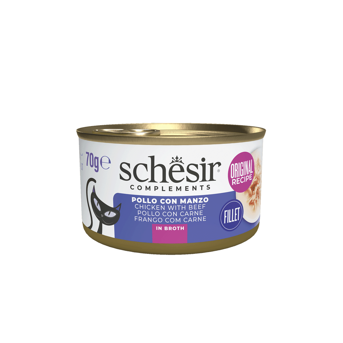 Pâtée chat Schesir filets de poulet avec bœuf en bouillon, boîte 70 g