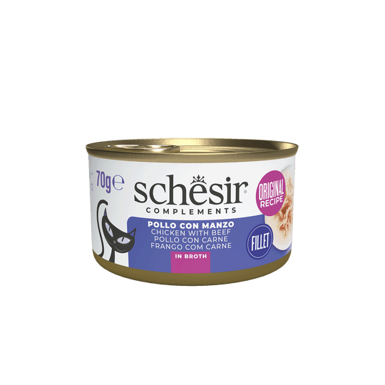 Pâtée chat Schesir filets de poulet avec bœuf en bouillon, boîte 70 g