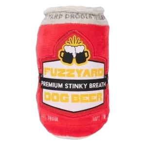 Peluche chien FuzzYard canette de bière Dog Beer avec couineur