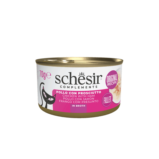 Pâtée chat Schesir poulet avec jambon en bouillon, boîte 70 g