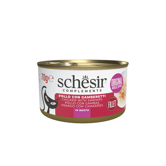 Pâtée chat Schesir filets de poulet avec crevettes en bouillon, boîte 70 g