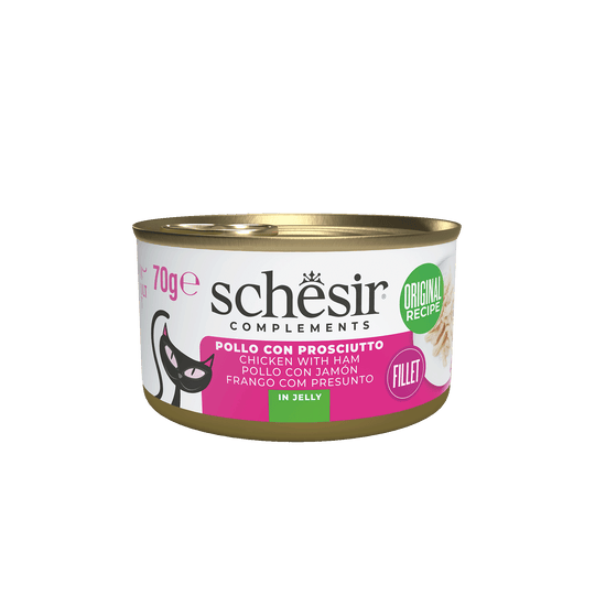 Pâtée chat Schesir filets de poulet avec jambon en gelée, boîte 70 g