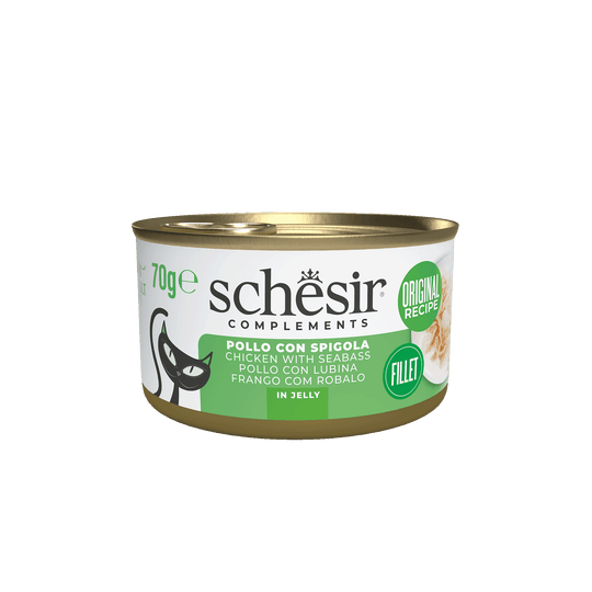 Pâtée chat Schesir poulet avec bar en gelée, boîte 70 g