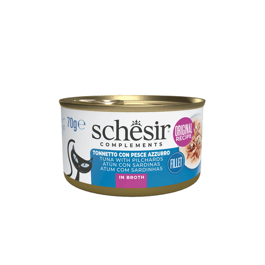 Pâtée chat Schesir thon avec poisson bleu en bouillon, boîte 70 g
