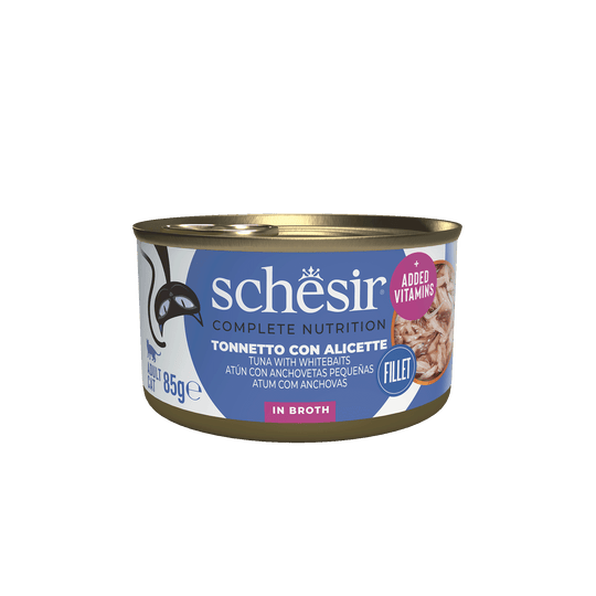 Pâtée chat Schesir thon et petits anchois avec riz au naturel, boîte 85 g