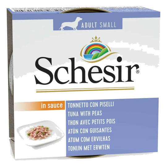 Pâtée pour chien Schesir au thon et petits pois en sauce, boîte de 85 g
