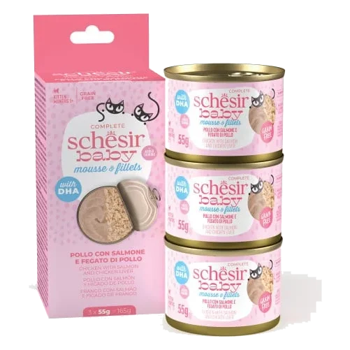 Schesir Baby mousse filets de poulet, saumon et foie de poulet pour chaton, 3 × 55 g