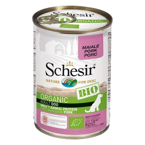 Pâtée chien Schesir Bio porc, boîte 400 g