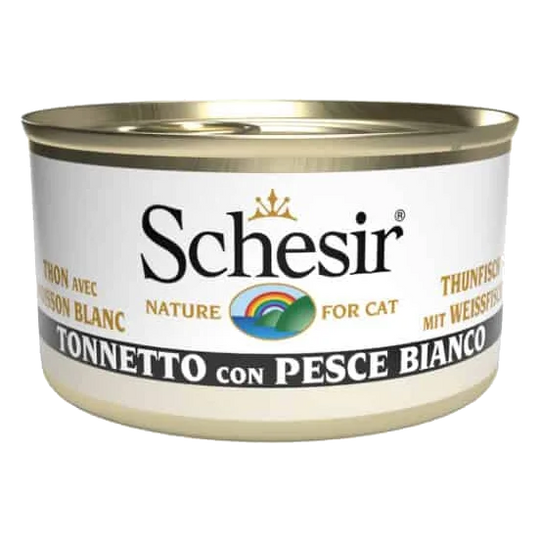 Pâtée chat Schesir thon avec poisson blanc en gelée, boîte 85 g